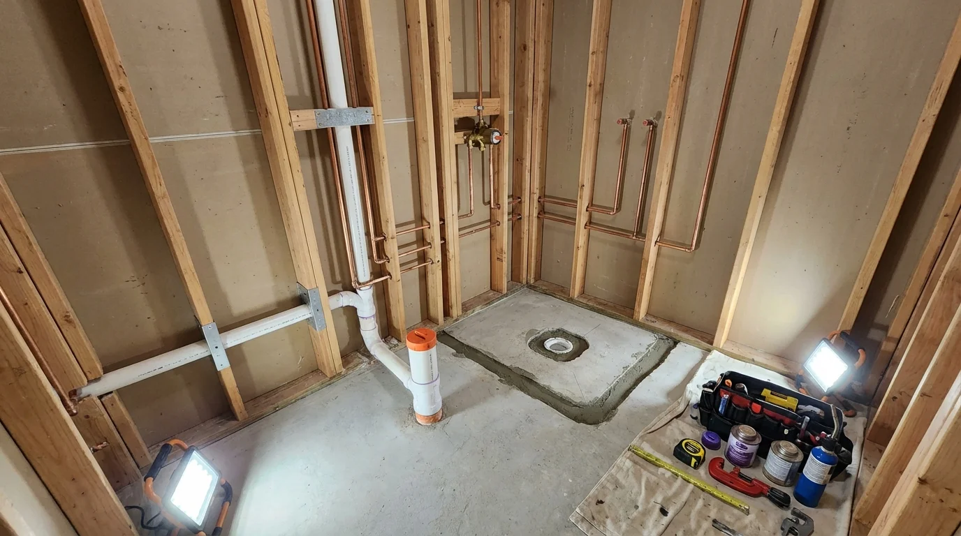 Bathroom rough-in plumbing during remodel by Johns Plumbing LLC in Mequon