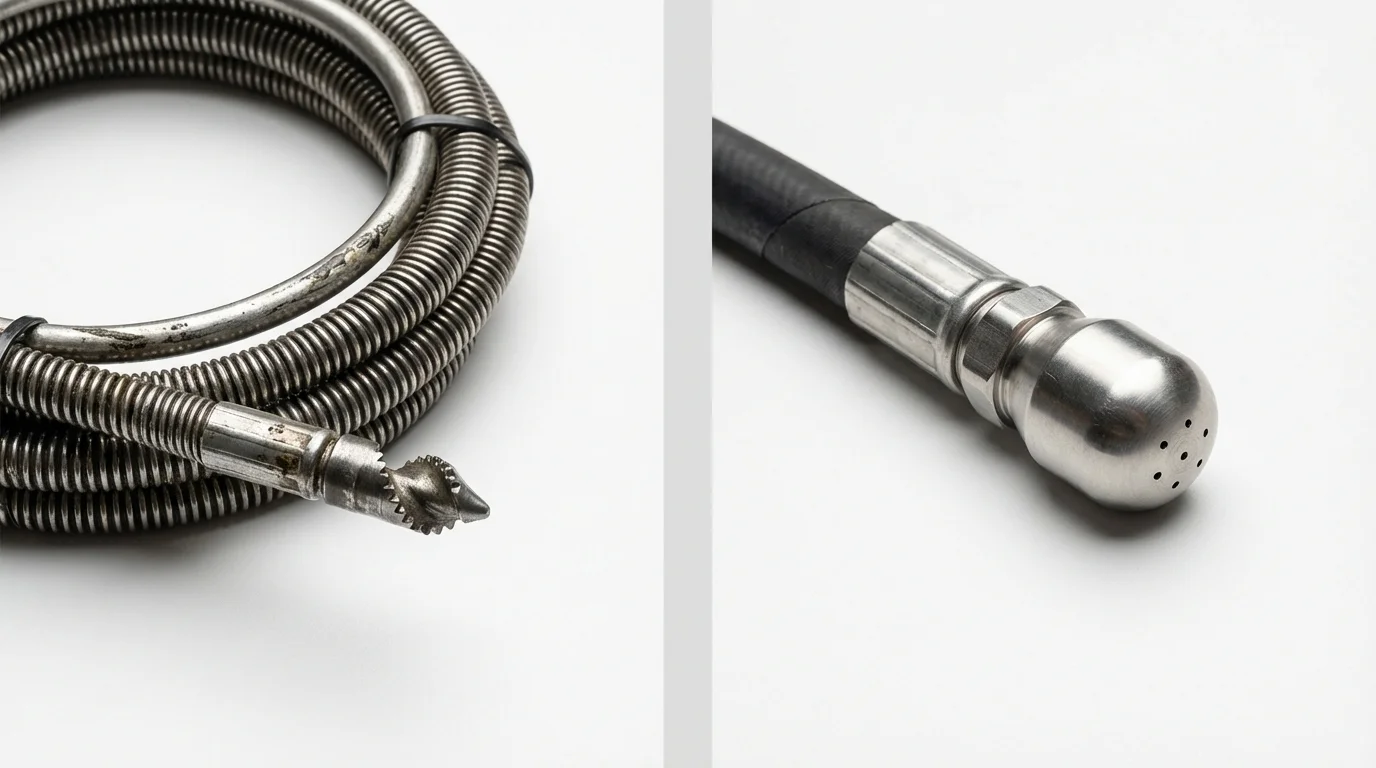 Drain snake cable and hydro jetting nozzle used for drain cleaning in Mequon, WI