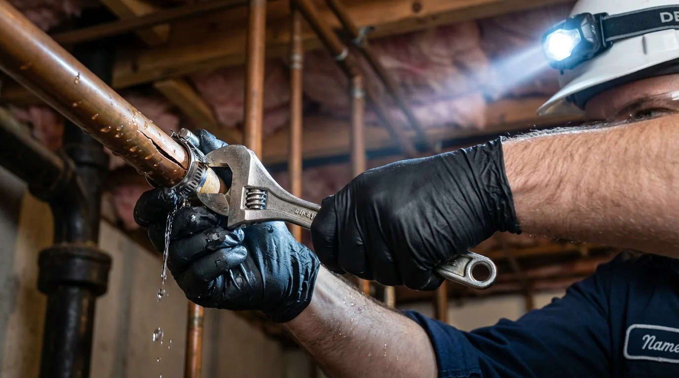 Emergency pipe clamp repair being performed by a Johns Plumbing LLC plumber in Mequon