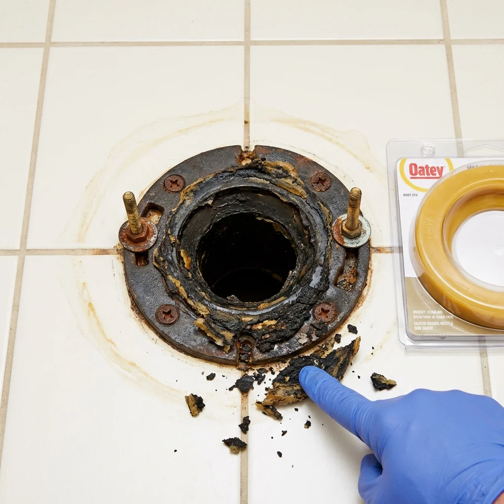 Failed wax ring showing water seepage at the base of a toilet in a Mequon, WI home