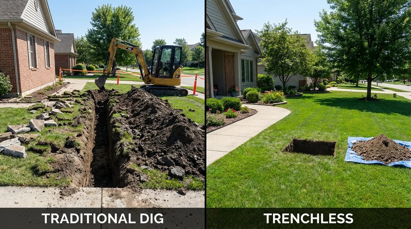 Trenchless sewer repair with minimal yard damage versus traditional excavation in Mequon, WI