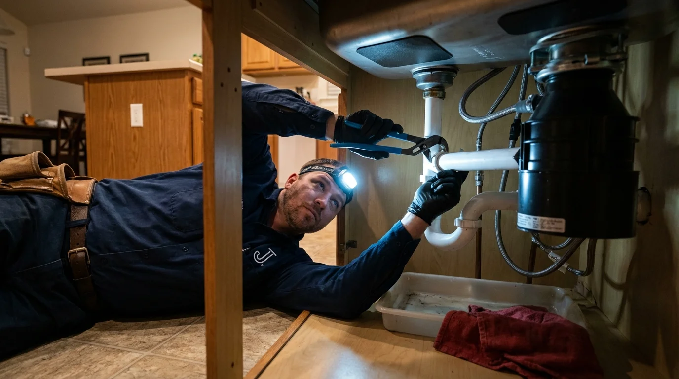 P-trap and supply line connections under a kitchen sink showing a common leak point in Mequon, WI
